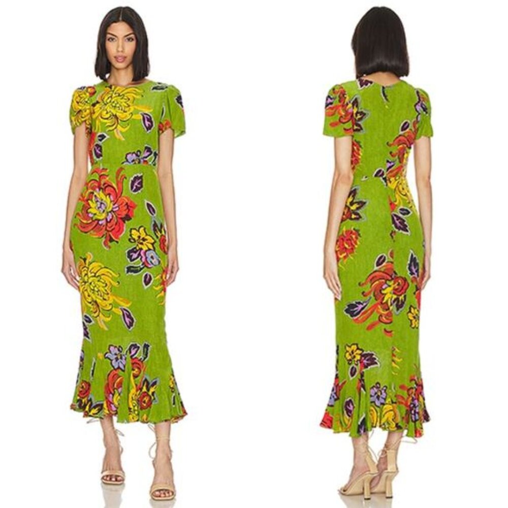 NWT Rhode Round Neck Puffed Sleeves Flared Lulani Dress Green Floral Size: 4